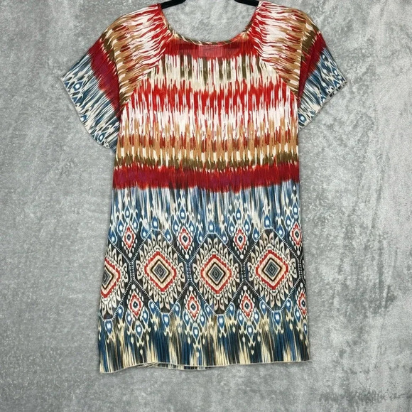 Avenue 18 20 1X Shirt Top Blue Red Striped Short Sleeve Keyhole Scoop Neck Sheer - Picture 4 of 7